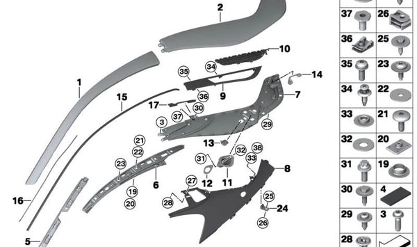 Listón de sujeción pilar A derecho para BMW I12, I12N (OEM 51627336420). Original BMW.