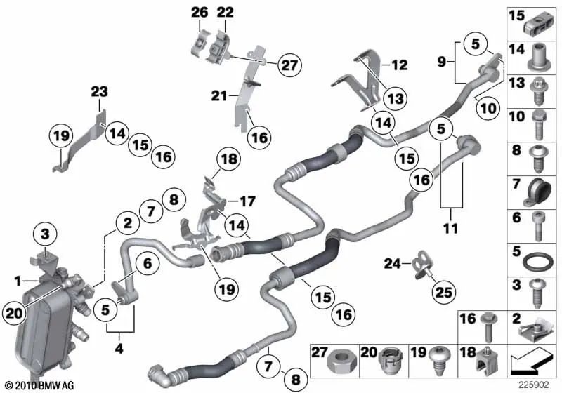 Tubería de enfriador de aceite para BMW Serie 5 F07, F10, F11, Serie 6 F06, F12, F13 (OEM 17227592401). Original BMW