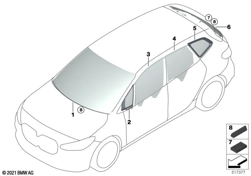 Right rear door side glass for BMW Series 2 U06 (OEM 51358498580). Genuine BMW