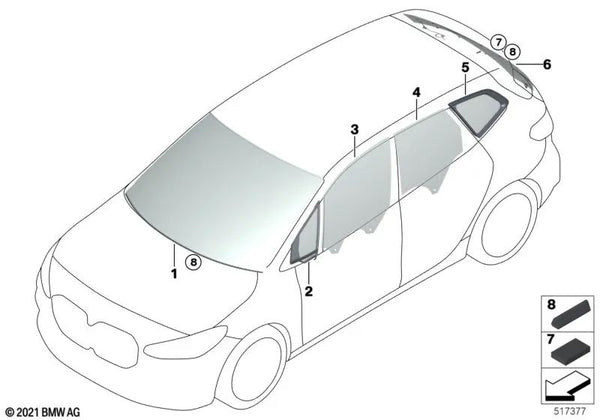 Cristal de puerta delantero derecho para BMW Serie 2 U06 (OEM 51338498576). Original BMW.