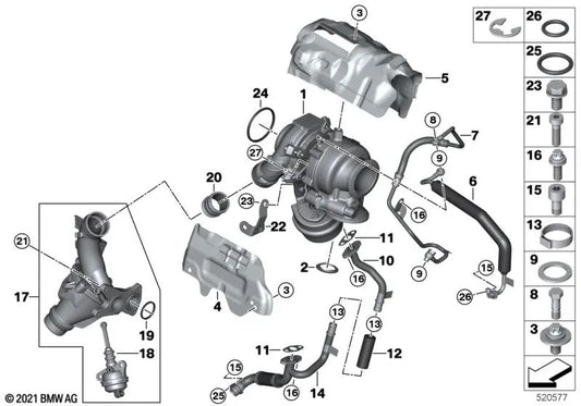 Tubo de conexión con válvula de bypass para BMW F40, F44, F45N, F46N, F48, F48N, F39, MINI F54, F54N, F55, F55N, F56, F57, F60, F60N (OEM 11658584207). Original BMW.