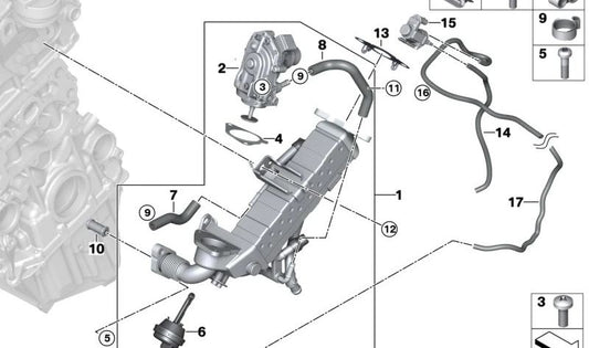 Enfriador de Gases de Escape de Baja Temperatura para BMW F20N, F21N, F22, F23, F30, F31, F34, F32, F33, F36, F10N, F11N, F25, F26, F15 (OEM 11717822348). Original BMW