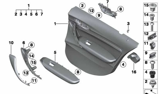 Panel interior de puerta trasera derecha en cuero OEM 51427392388 para BMW F20 (Serie 1). Original BMW