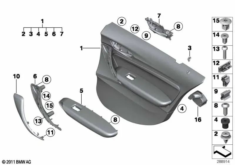 Revestimiento de puerta de cuero trasero izquierdo para BMW Serie 1 F20, F20N (OEM 51427274747). Original BMW.