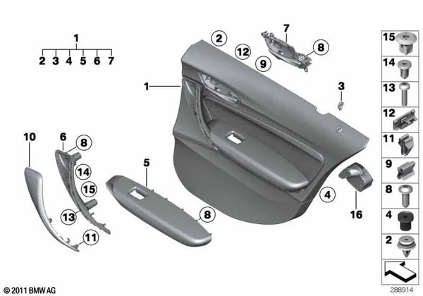 Revestimiento de puerta de cuero trasero izquierdo para BMW Serie 1 F20, F20N (OEM 51427274747). Original BMW.