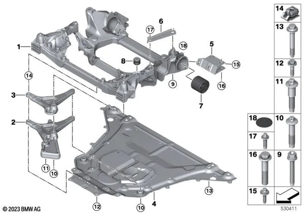 Conexión del soporte del eje delantero HVS para BMW G60, G70 (OEM 31106894796). Original BMW.