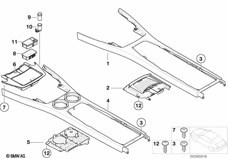 Funktioneller Mittelkonsolenträger aus Holz für BMW 7er E65, E66 (OEM 51167040383). Original BMW