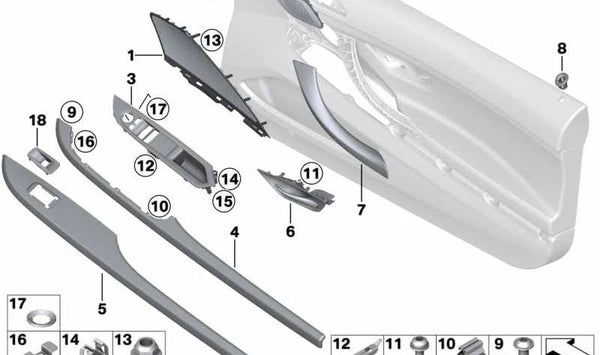 Blende puerta negra brillante izquierda para BMW F12, F13 (OEM 51417258379). Original BMW