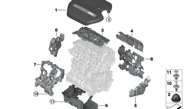 Cubierta del Motor para MINI F54, F55, F56, F57, F60, F60N (OEM 11148579536). Original BMW