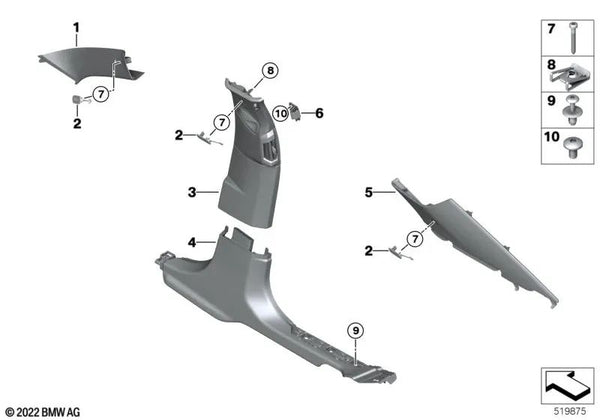 Embellecedor columna B superior derecha para BMW Serie 7 G70 (OEM 51437885386). Original BMW.