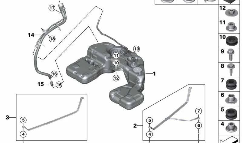 Depósito de combustible de plástico OEM 16119426338 para BMW G05, G06, G07. Original BMW.