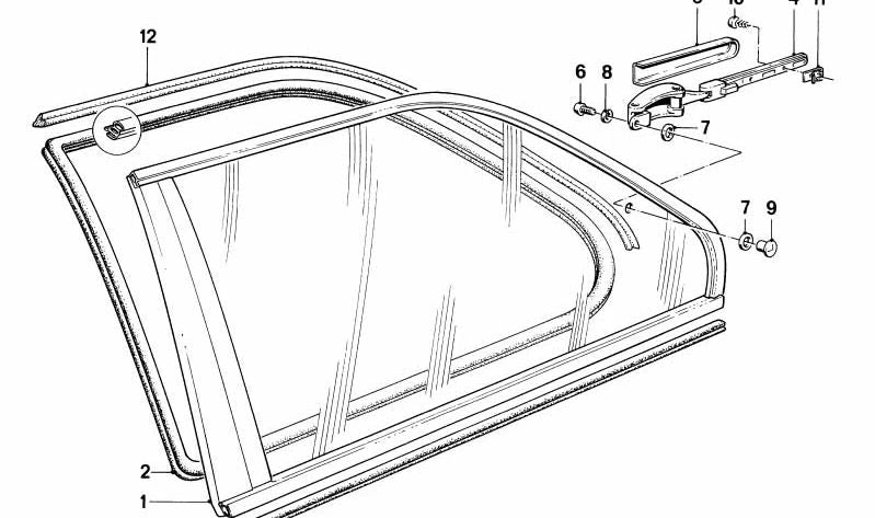 Bisagra de ventanilla trasera OEM 51361888480 para BMW E30. Original BMW.