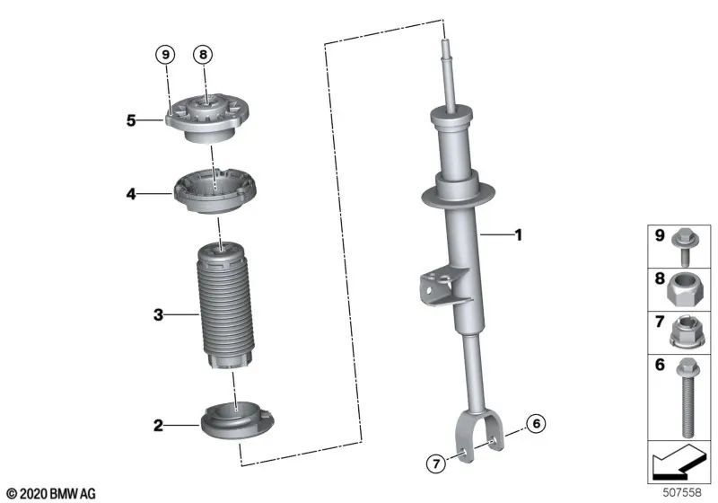 Amortiguador delantero derecho para BMW Serie 5 G30, G30N (OEM 31316879296). Original BMW