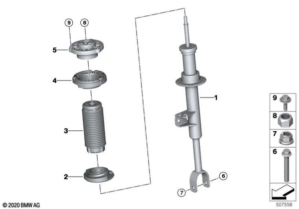 Amortiguador delantero derecho para BMW G31, G31N (OEM 31316896036). Original BMW.