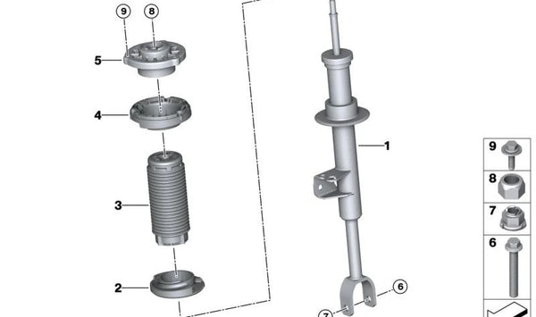 Amortiguador delantero izquierdo OEM 31316896355 para BMW G30, G31. Original BMW.