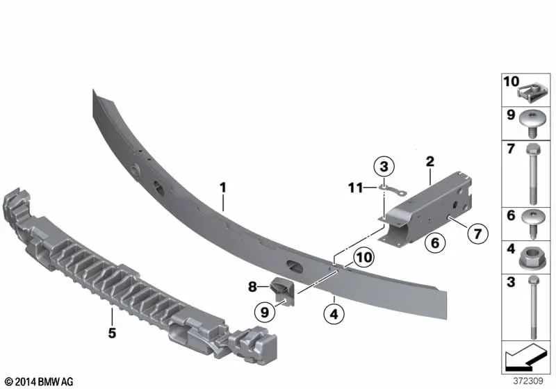 Travesaño del parachoques delantero para BMW X3 F25, X4 F26 (OEM 51117371989). Original BMW.