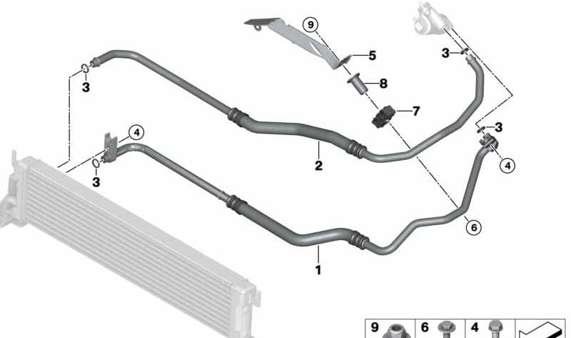 Tubo de aceite del radiador de motor OEM 17227527127 para BMW X5 E53. Original BMW.