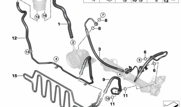 Tubo de retorno de dirección asistida OEM 32416781456 para BMW E90, E91, E92, E93. Original BMW.