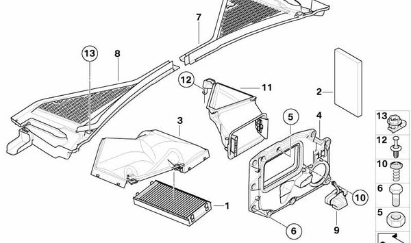 Cubierta derecha para alojamiento del microfiltro OEM 64316945584 para BMW E70, E71, E72. Original BMW