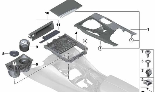 Center Console Trim Dark Oxide Silver for BMW 5 Series G30, G31 (OEM 51169380183). Original BMW