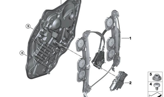Elevador de ventana sin motor trasero izquierdo para BMW F44 (OEM 51354876379). Original BMW