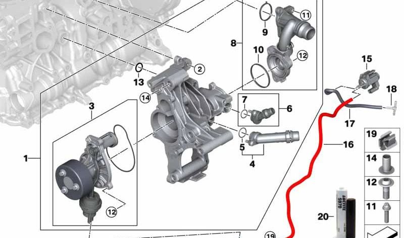 OEM 11518472111 Habitação do termostato para BMW F40, F44, F45, F46, G20, G21, G30, G31, G32, F48, F39, G01, G02, G05 e MINI F55, F56, F57, F54, F60. BMW original.