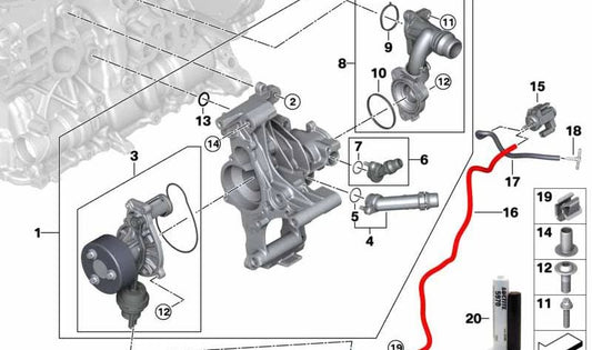 OEM 11518472111 Thermostatgehäuse für BMW F40, F44, F45, F46, G20, G21, G30, G31, G32, F48, F39, G01, G02, G05 und Mini F55, F56, F57, F54, F60. Original BMW.