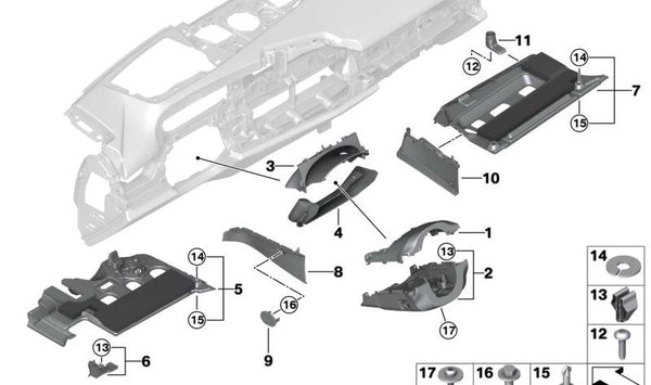 Soporte de revestimiento del espacio para los pies del pasajero para BMW G60, G61, G68, G90, G70 (OEM 51459621043). Original BMW