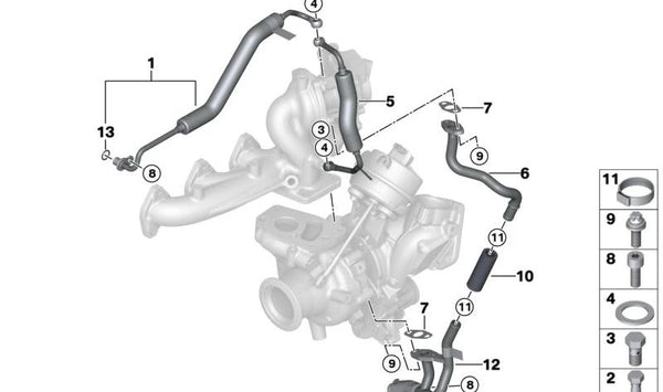 Tubería de retorno para BMW Serie 2 G42, Serie 3 G20, G21, G28, Serie 4 G22, G23, G26, Serie 5 G30, G31, Serie 6 G32, X3 G01, X4 G02 (OEM 11428586486). Original BMW