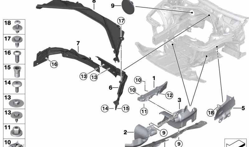 Cubierta para Mecanismos de Dirección Traseros Derecho para BMW Serie 1 F20, F21, Serie 2 F22, F23, Serie 3 F30, F31, F34, Serie 4 F32, F33, F36 (OEM 51757274860). Original BMW