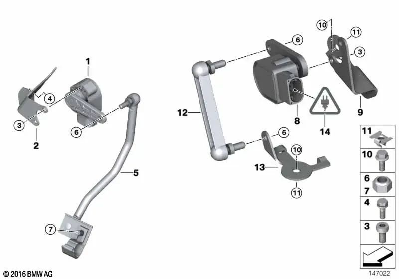 Soporte del sensor de nivel de altura izquierdo para BMW E84 (OEM 37146791073). Original BMW.