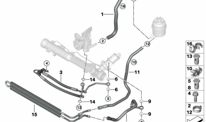 Tubería de retorno de dirección asistida OEM 32416774306 para BMW {E81, E82, E87, E88, E90, E91, E92, E93}. Original BMW