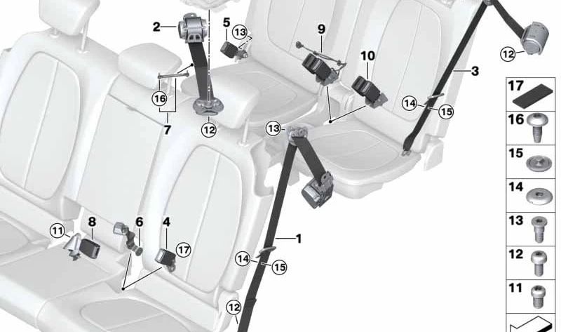 Cinturón de seguridad trasero derecho (3ª fila de asientos) OEM 72117375644 para BMW F46 (Serie 2 Gran Tourer). Original BMW.