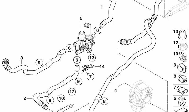 Manguito de retorno del radiador OEM 64219111766 para BMW E90, E91, E92, E93. Original BMW.