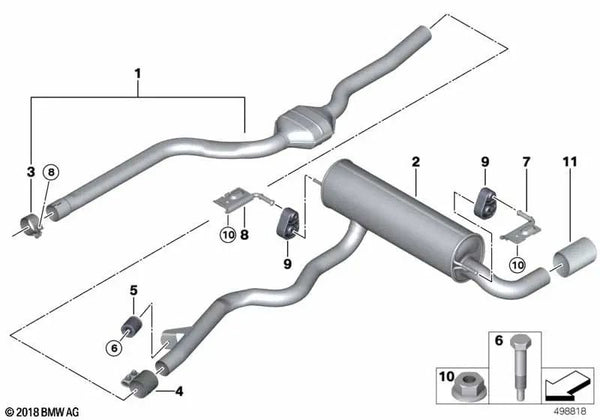 Soporte silenciador trasero derecho para BMW Serie 1 F20N, F21N, Serie 2 F22, F22N, F23, F23N, Serie 3 F30, F30N, F31, F31N, F34, F34N, Serie 4 F32, F32N, F33, F33N, F36, F36N (OEM 18308516521). Original BMW