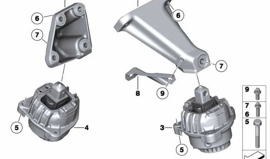 Soporte de motor derecho para BMW Serie 5 F07, F10, F11, Serie 6 F06, F12, F13, Serie 7 F01N, F02N (OEM 22116777622). Original BMW.