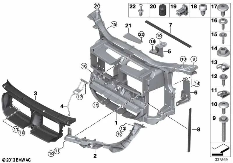 Junta pared delantera/Radiador arriba para BMW E81, E82, E87, E88 Serie 3 E90, E91, E92, E93 y X1 E84 (OEM 51647134102). Original BMW