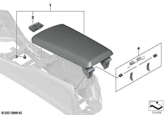 Reposabrazos central de cuero con costuras de contraste para BMW G42, G20, G21, G22, G23, G26 (OEM 51169870472). Original BMW.