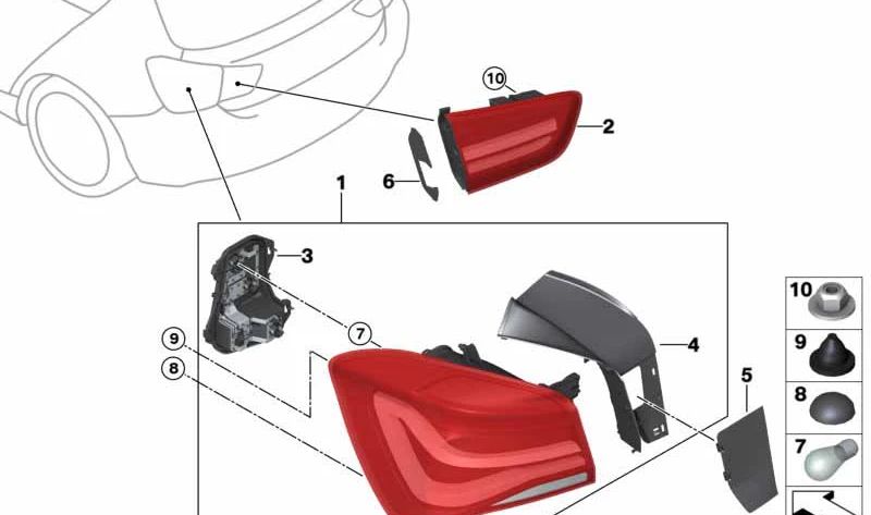 Rear pilot at the left trunk cover OEM 63217359019 for BMW F20, F21. Original BMW.