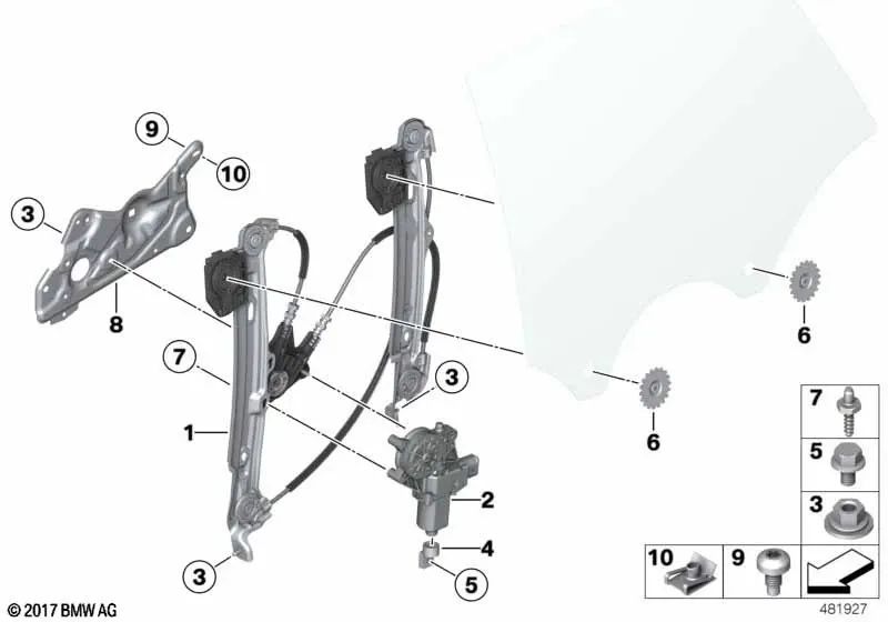 Window lifter without motor rear left for BMW F34, F34N (OEM 51357339589). Original BMW