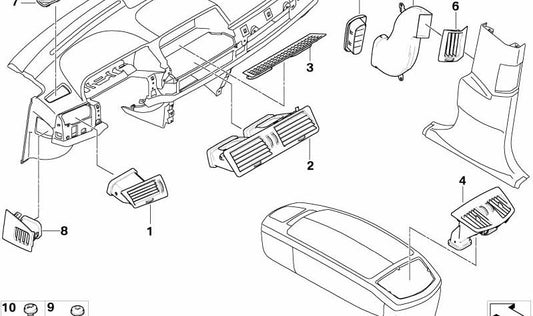 Cubierta de tobera de desempañado izquierda para BMW Serie 7 E65, E66 (OEM 64227025199). Original BMW.