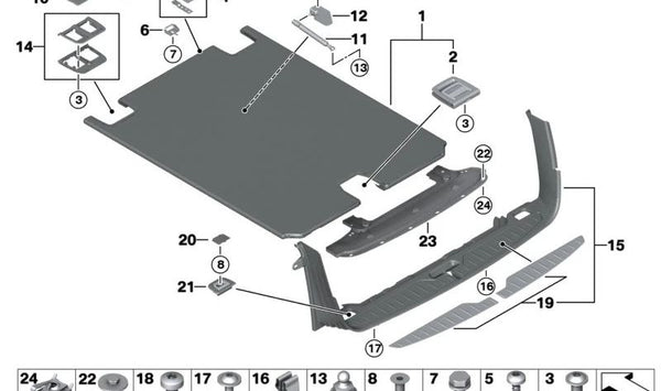 Asa para alfombrilla del maletero OEM 51477267481 para BMW Serie 5 GT (F07) y BMW Serie 5 Touring (F11). Original BMW.