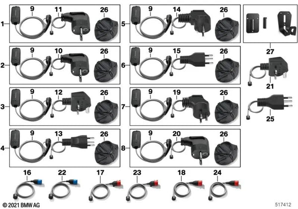 Kit de Inicio de Cargador Rápido Flexible Tipo E+F para BMW Serie 2 U06, Serie 3 G20, G20N, G21, G21N, Serie 5 G30N, G31N, Serie 7 G70, i I20, X1 F48N, X2 F39, X3 G01N, MINI F60N (OEM 61905A13823). Original BMW.