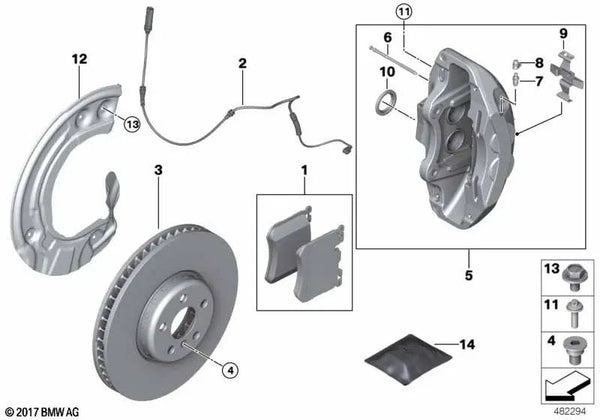 Disco de freno de construcción ligera ventilado derecho para BMW Serie 4 G26 (OEM 34107915322). Original BMW