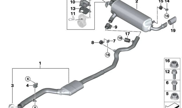 Silencioso trasero con válvula de escape OEM 18307933830 para BMW F20, F21, F22, F23, F30, F31, F32, F33, F34, F36. Original BMW.