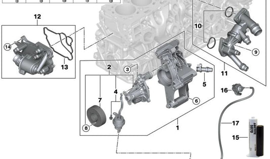 Kühlmittelpumpe mit Halterung für BMW G20, G21, G30, G31, G32, G11, G12, G14, G15, G16, G01, G02, G05, G06, G07 (OEM 11518588887). Original BMW.