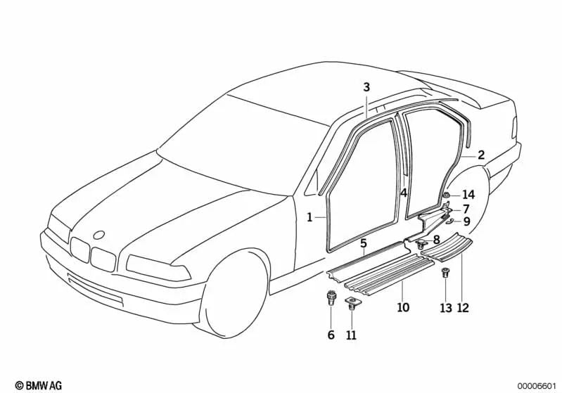 Junta, Hueco de la Puerta, Columna Central Derecha para BMW Serie 3 E36 (OEM 51221960668). Original BMW