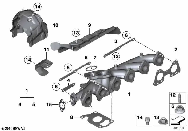 Exhaust manifold for BMW F30, F31, F34, F32, F33, F36, F07, F10, F11, F06, F12, F13, F01N, F25, F26, F15, F16 (OEM 11628599198). Genuine BMW