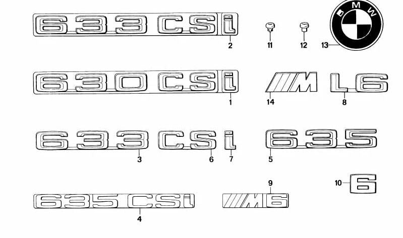 Emblema posteriore incollato per BMW E24 Serie 6 (OEM 51141965978). BMW originale.