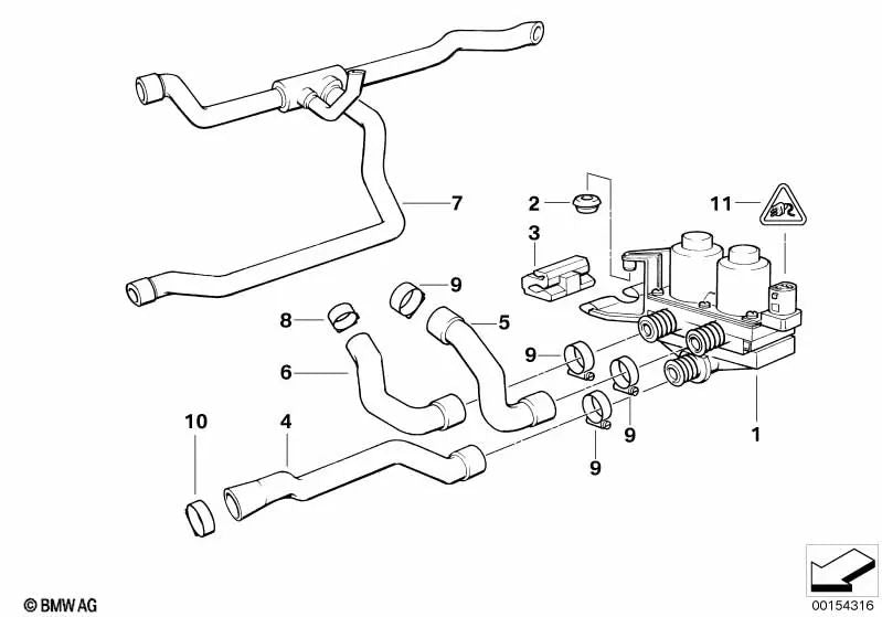 Manguera válvula de agua-radiador derecha para BMW Serie 3 E36 (OEM 64211394292). Original BMW